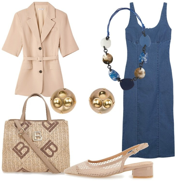 Outfit donna - Il tubino in jeans per l\'ufficio. Stile Bon Ton per Ufficio. Abbinamento con blazer, vestiti lunghi, décolleté, collane, borse a tracolla, orecchini.