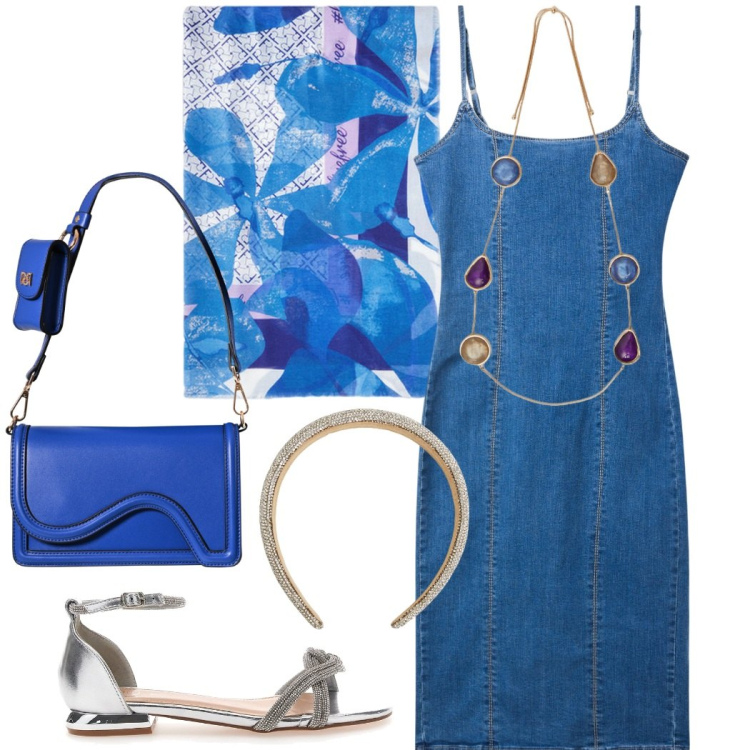 Outfit donna - In denim anche di sera. Stile Casual chic per Serata fuori. Abbinamento con vestiti a tubino, cerchietti, pochette, stole, sandali, collane.