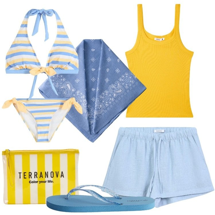 Outfit donna - In costume, con carattere. Stile Casual per Mare. Abbinamento con bikini, infradito, shorts, canottiere, pochette, foulard.