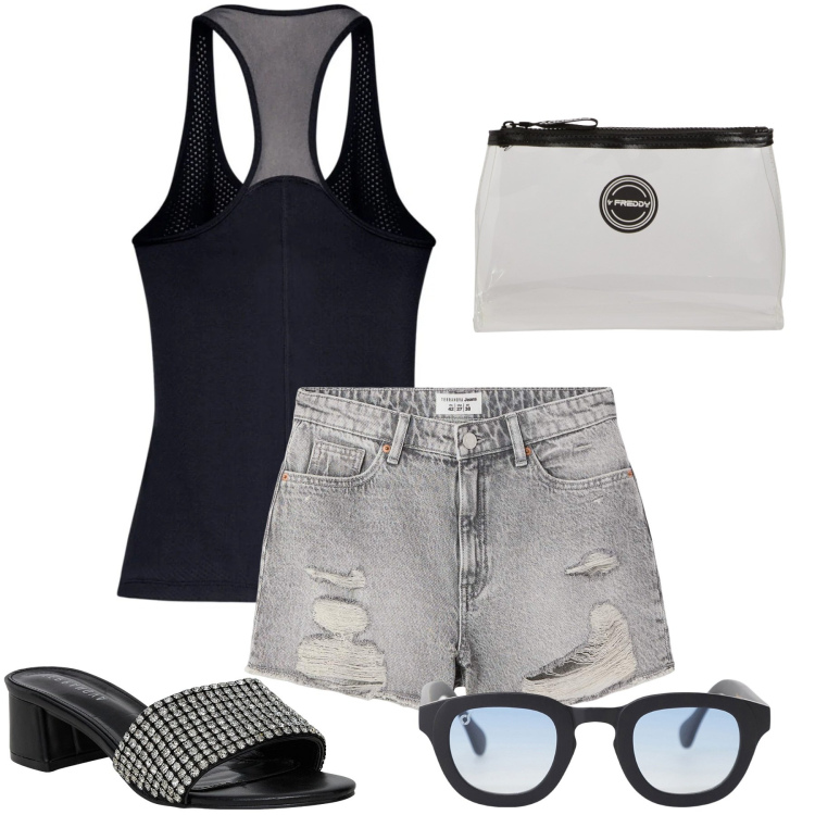 Outfit donna - Jesolo beach. Stile Casual per Mare. Abbinamento con shorts, ciabatte, occhiali da sole, valigie, canottiere.