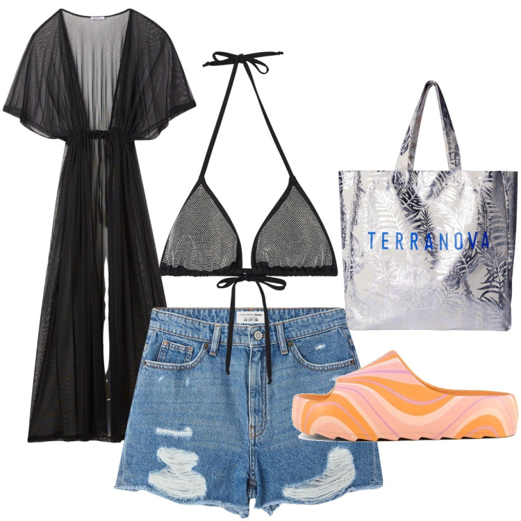 Outfit donna - Veleggiando sul mare blu. Stile Basic per Mare. Abbinamento con borse tote, shorts, bikini, caftani, ciabatte.
