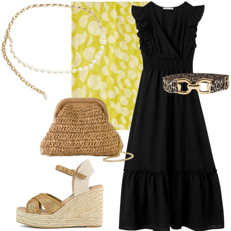 Outfit donna - Concerto in piazzetta. Stile Casual chic per Serata fuori. Abbinamento con borse a tracolla, vestiti lunghi, cinture, collane, zeppe, stole.