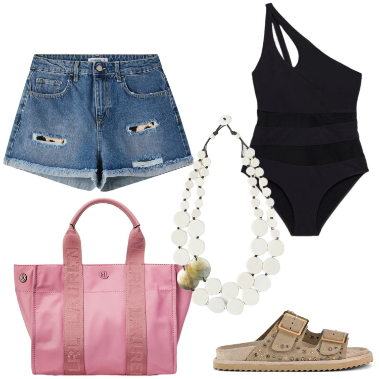 Outfit donna - In "costume casual". Stile Casual per Mare. Abbinamento con shorts, borse tote, costumi interi, sandali, ciondoli.