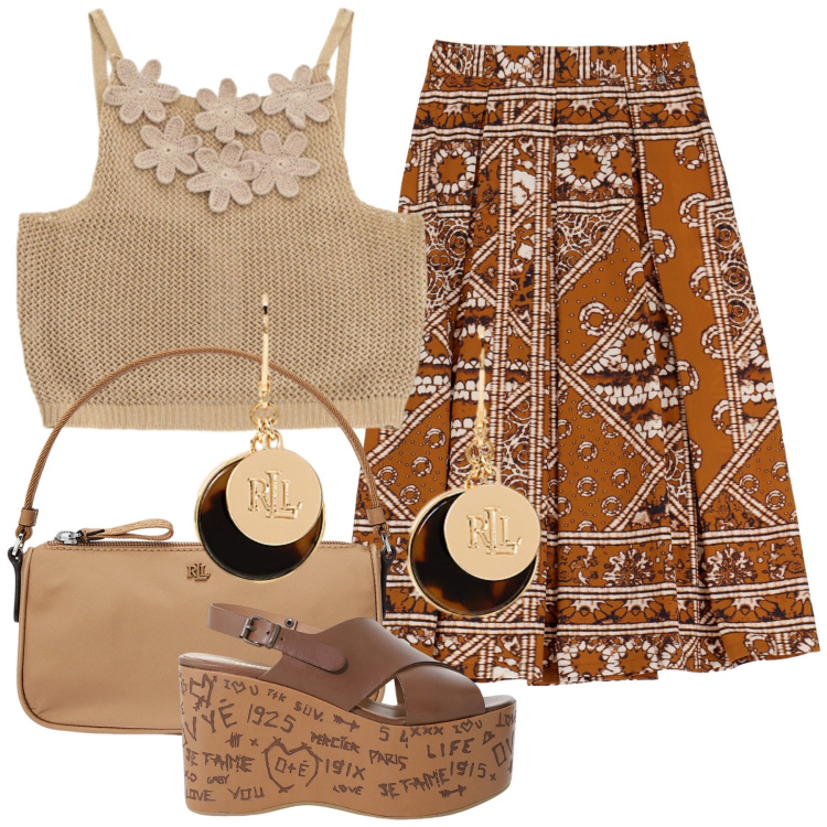 Outfit donna - Etnico chic. Stile Etnico per Tutti i giorni. Abbinamento con zeppe, top, gonne lunghe, pochette, orecchini.