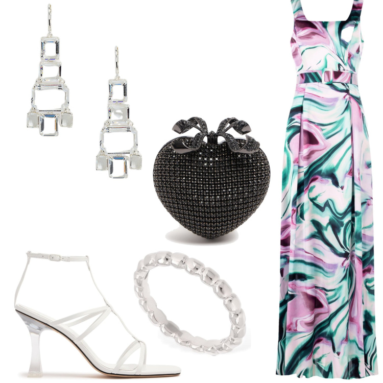 Outfit donna - In lungo. Stile Glamour per Cerimonia. Abbinamento con vestiti lunghi, orecchini, pochette, anelli, sandali in pelle.