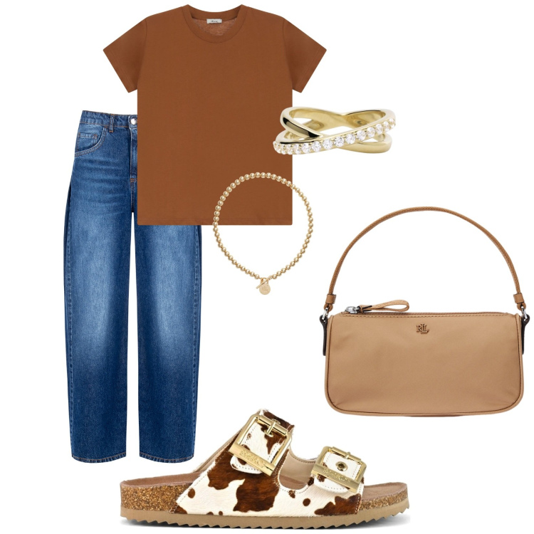 Outfit donna - Cow girl. Stile Vintage retrò per Tutti i giorni. Abbinamento con anelli, jeans, t-shirt, collane, pochette, sandali in pelle.