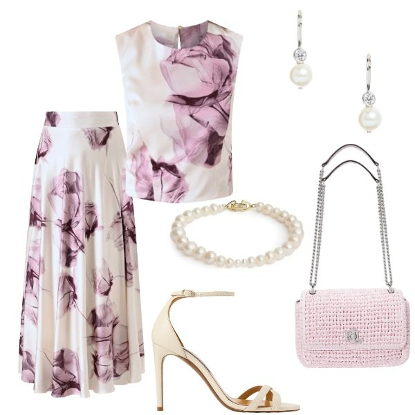 Outfit donna - Matrimonio in vista. Stile Glamour per Cerimonia. Abbinamento con gonne lunghe, top, orecchini, sandali col tacco, borse a spalla, braccialetti.