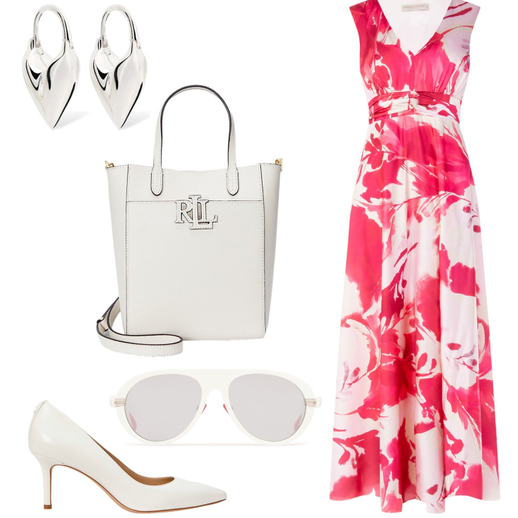 Outfit donna - In ufficio con stile. Stile Glamour per Ufficio. Abbinamento con vestiti lunghi, décolleté, borse tote, occhiali da sole, orecchini.