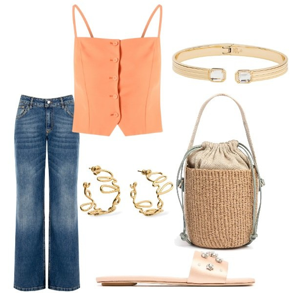 Outfit donna - Serata tra amici. Stile Casual chic per Serata fuori. Abbinamento con jeans, canottiere, braccialetti, orecchini, sandali gioiello, borse a secchiello.