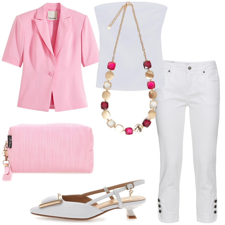 Outfit donna - Total look #2200297. Stile Casual chic per Serata fuori. Abbinamento con blazer, jeans slim fit, top, collane, décolleté, valigie.