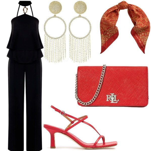 Outfit donna - Cerimonia tra intimi. Stile Glamour per Serata fuori. Abbinamento con tute, borse a tracolla, foulard, orecchini, sandali in pelle.