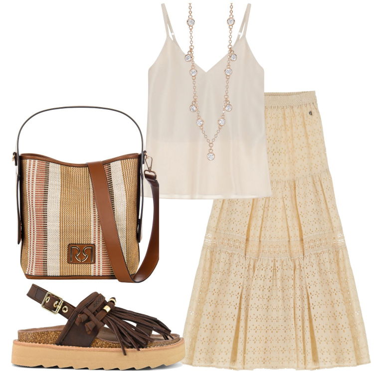 Outfit donna - Evviva l\' estate. Stile Etnico per Tutti i giorni. Abbinamento con collane, borse a secchiello, gonne lunghe, top, sandali.