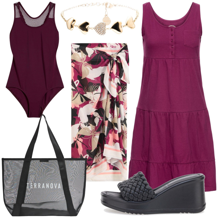 Outfit donna - Total look #2200301. Stile Casual per Mare. Abbinamento con vestiti corti, vestiti da spiaggia, costumi interi, shopping bag, braccialetti, ciabatte.