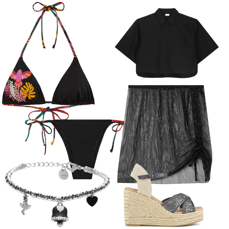 Outfit donna - Elegant black. Stile Glamour per Mare. Abbinamento con vestiti da spiaggia, braccialetti, bikini, bikini, zeppe, camicie a manica corta.