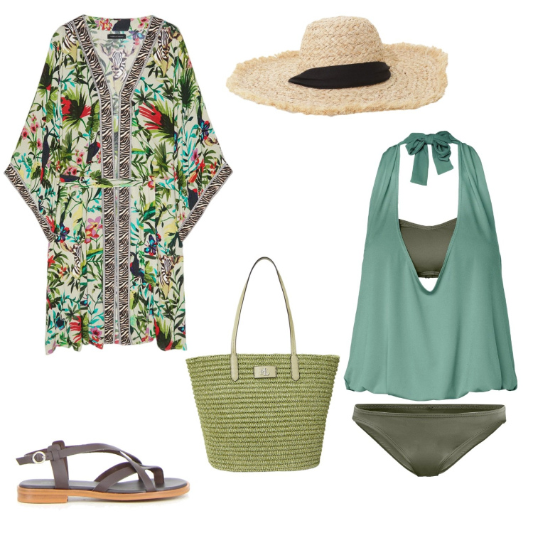 Outfit donna - Total look #2200304. Stile Etnico per Mare. Abbinamento con costumi interi, cappelli, borse tote, caftani, sandali.