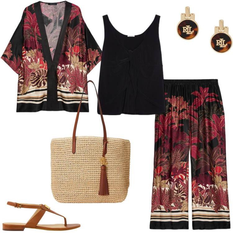 Outfit donna - Passeggiando di sera a Taormina. Stile Trendy per Serata fuori. Abbinamento con borse tote, sandali, orecchini, pantaloni, top, kimono.