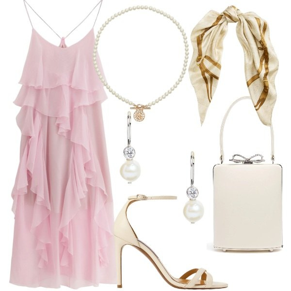Outfit donna - Matrimonio in vista. Stile Glamour per Cerimonia. Abbinamento con vestiti lunghi, ciondoli, foulard, orecchini, sandali col tacco, borse a mano.