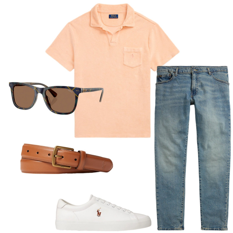 Outfit uomo - La polo color salmone. Stile Casual per Tutti i giorni. Abbinamento con cinture, jeans, sneakers, occhiali da sole, polo.