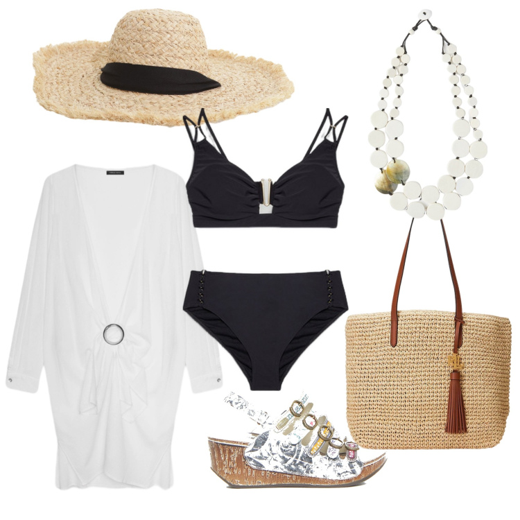 Outfit donna - Il mio costume. Stile Glamour per Mare. Abbinamento con cappelli, borse tote, bikini, vestiti da spiaggia, sandali col tacco, ciondoli.