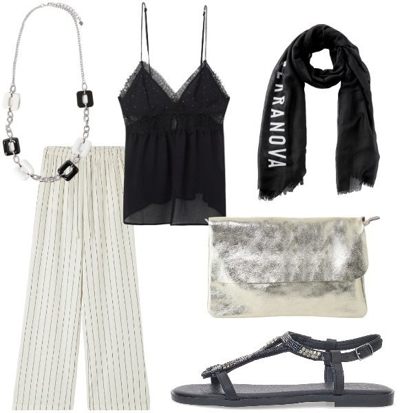 Outfit donna - Serata tra amici. Stile Casual chic per Serata fuori. Abbinamento con pantaloni, foulard, canottiere, borse a tracolla, sandali gioiello, collane.