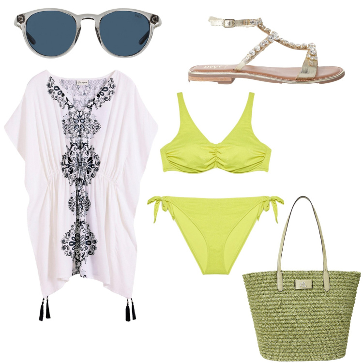 Outfit donna - Total look #2200312. Stile Casual chic per Mare. Abbinamento con vestiti da spiaggia, sandali, occhiali da sole, borse tote, bikini.
