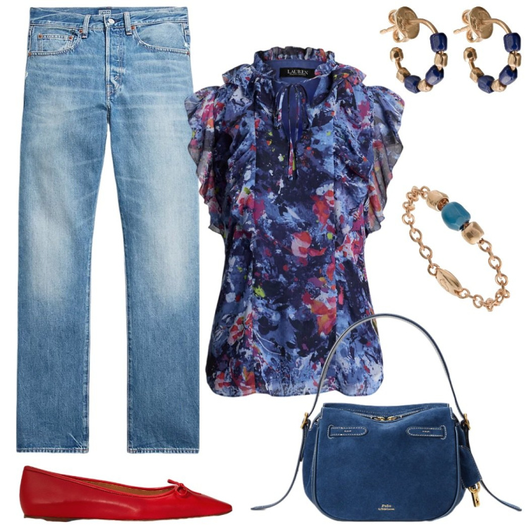 Outfit donna - Total look #2200314. Stile Casual chic per Tutti i giorni. Abbinamento con jeans dritti, top, borse a mano, ballerine, anelli, orecchini.