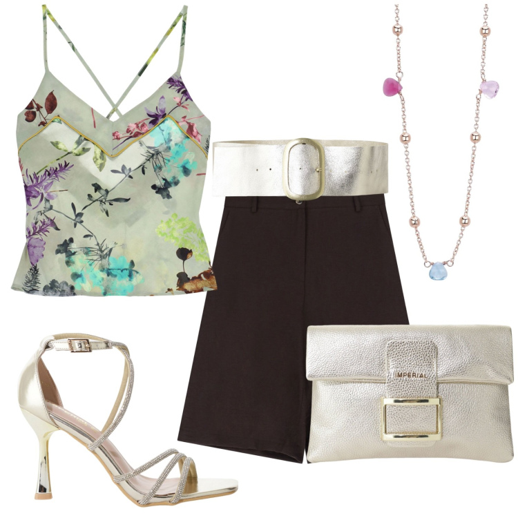 Outfit donna - Belle gambe. Stile Chic per Serata fuori. Abbinamento con collane, sandali col tacco, pochette, shorts, canottiere, cinture.