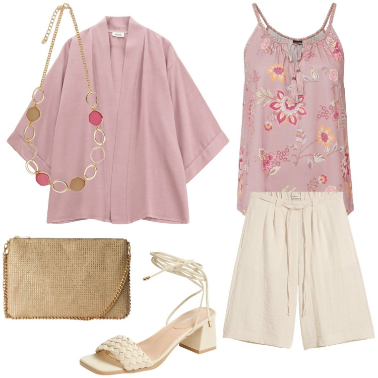 Outfit donna - Estate in città. Stile Casual chic per Tutti i giorni. Abbinamento con bermuda, top, borse a tracolla, sandali alla schiava, blazer, collane.