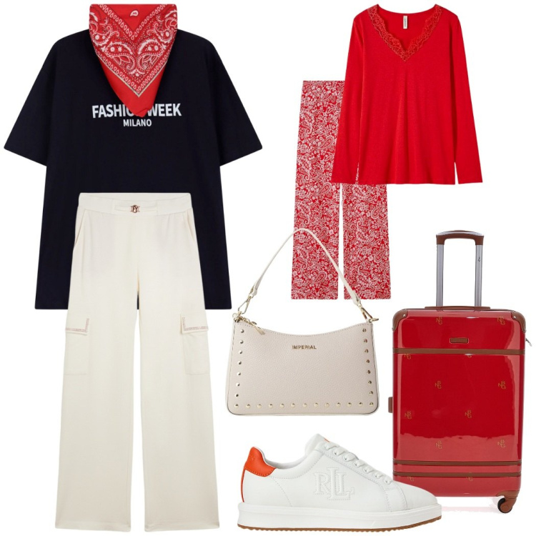 Outfit donna - Weekend fuori città. Stile Casual chic per Tutti i giorni. Abbinamento con pigiama, borse a spalla, t-shirt, pantaloni cargo, sneakers, valigie.
