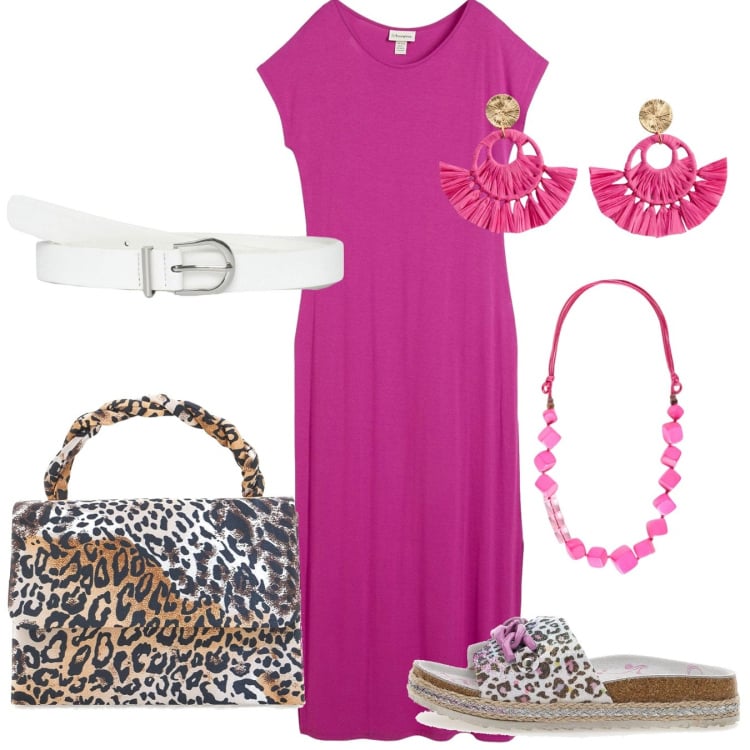 Outfit donna - Abito lungo. Stile Casual per Tutti i giorni. Abbinamento con orecchini, vestiti, cinture, ciabatte, pochette, collane.