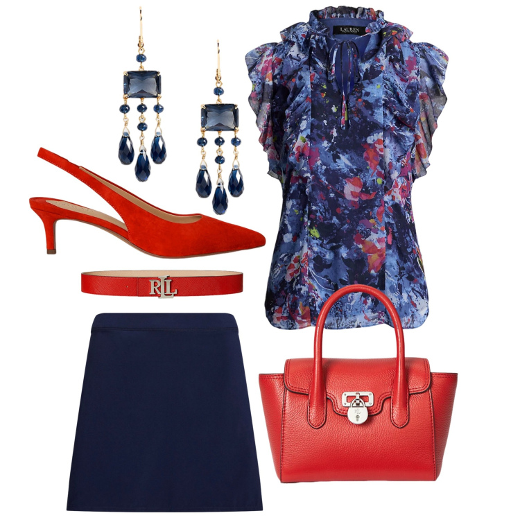Outfit donna - Con un po\' di rosso. Stile Chic per Serata fuori. Abbinamento con minigonne, décolleté, borse a mano, top, cinture, orecchini.