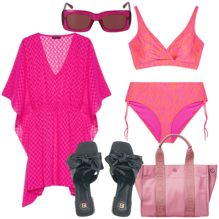 Outfit donna - Vacanze al mare. Stile Casual per Mare. Abbinamento con borse tote, ciabatte, bikini, caftani, occhiali da sole.