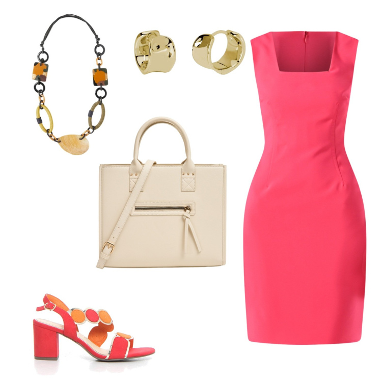 Outfit donna - Total look #2200333. Stile Trendy per Ufficio. Abbinamento con shopping bag, orecchini, vestiti a tubino, sandali col tacco, collane.