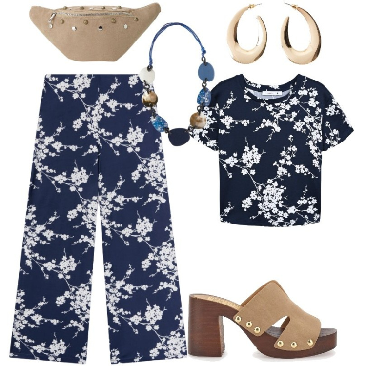 Outfit donna - stampa ciliegi giapponesi. Stile Casual per Tutti i giorni. Abbinamento con orecchini, pantaloni, t-shirt, marsupi, sabot, collane.