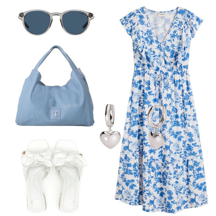 Outfit donna - Bonprix a fiori. Stile Casual chic per Tutti i giorni. Abbinamento con vestiti midi/longuette, orecchini, pochette, occhiali da sole, ciabatte.