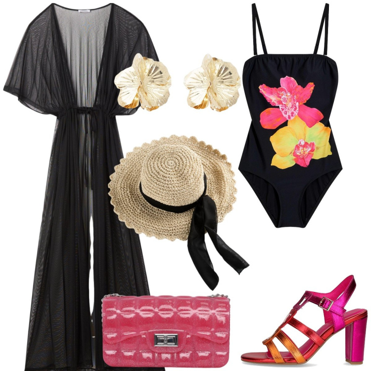 Outfit donna - Total look #2200340. Stile Chic per Mare. Abbinamento con cappelli, costumi interi, caftani, borse a tracolla, orecchini, sandali col tacco.
