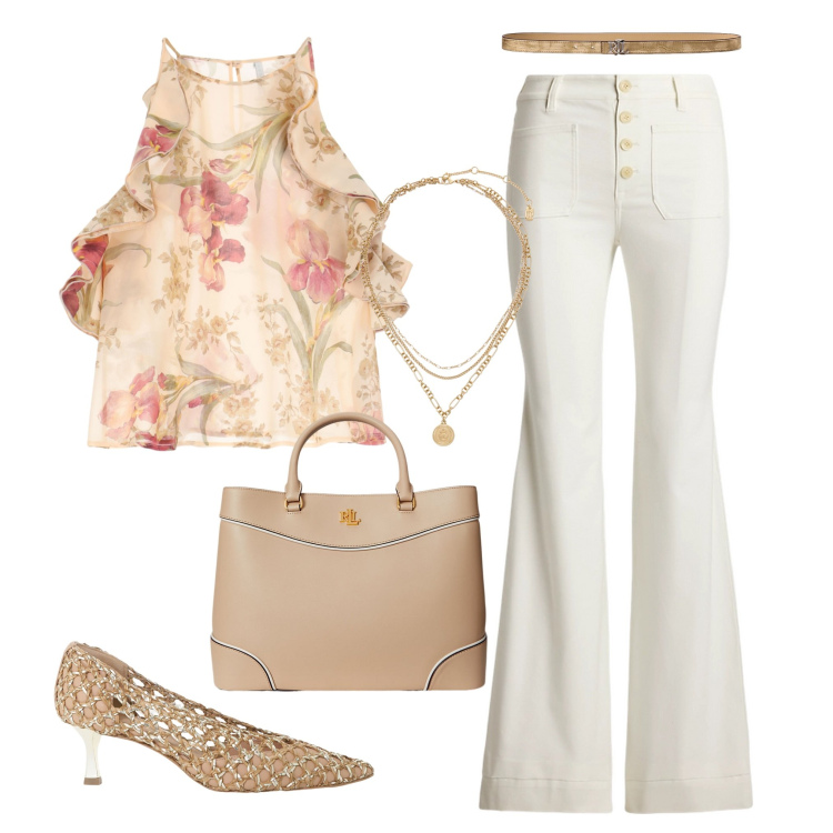 Outfit donna - Aria di primavera. Stile Casual chic per Tutti i giorni. Abbinamento con canottiere, décolleté, ciondoli, borse a mano, cinture, pantaloni.