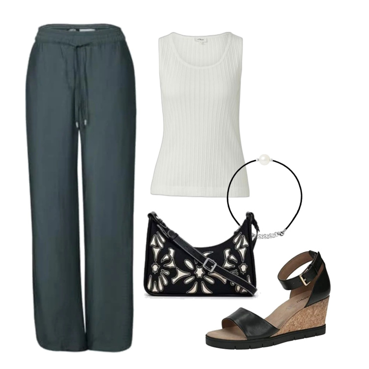 Outfit femme - CasualChic Ensemble. Style Casual chic pour Tous les jours. Assortir avec pantalon , sandales en cuir, sacs en bandoulière, bracelets, t-shirts.