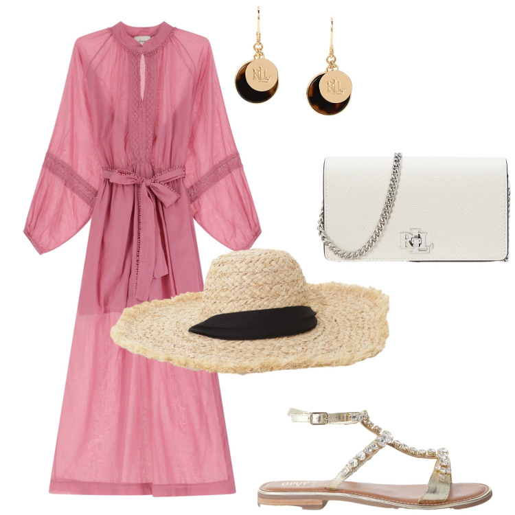 Outfit donna - Rosa. Stile Casual chic per Serata fuori. Abbinamento con cappelli, sandali, vestiti lunghi, orecchini, borse a tracolla.