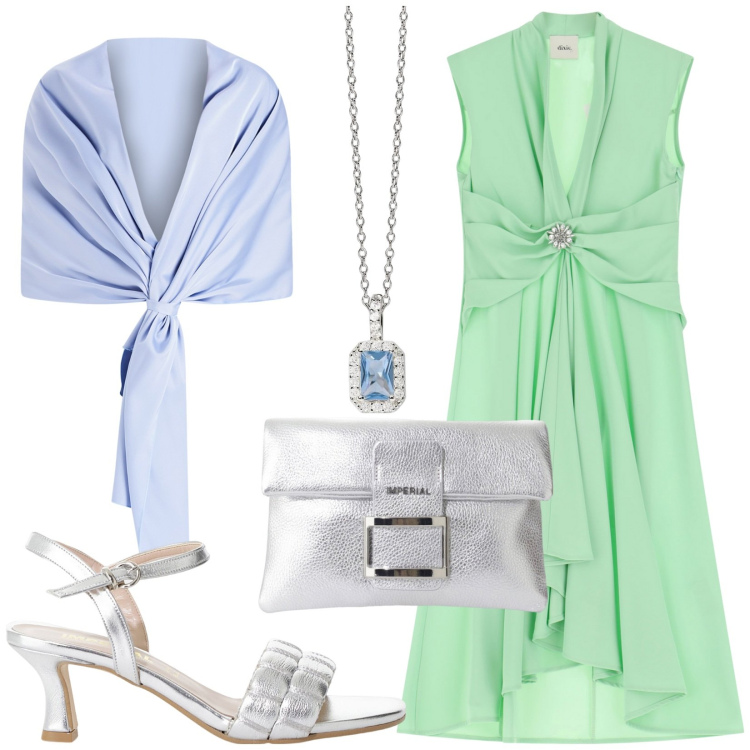 Outfit donna - Total look #2200351. Stile Romantica per Cerimonia. Abbinamento con ciondoli, stole, sandali col tacco, pochette, vestiti midi/longuette.