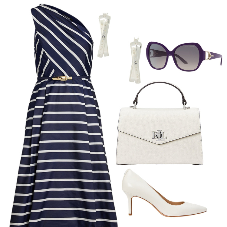 Outfit donna - Ralph Lauren?. Stile Glamour per Serata fuori. Abbinamento con décolleté, occhiali da sole, orecchini, borse a mano, vestiti asimmetrici.