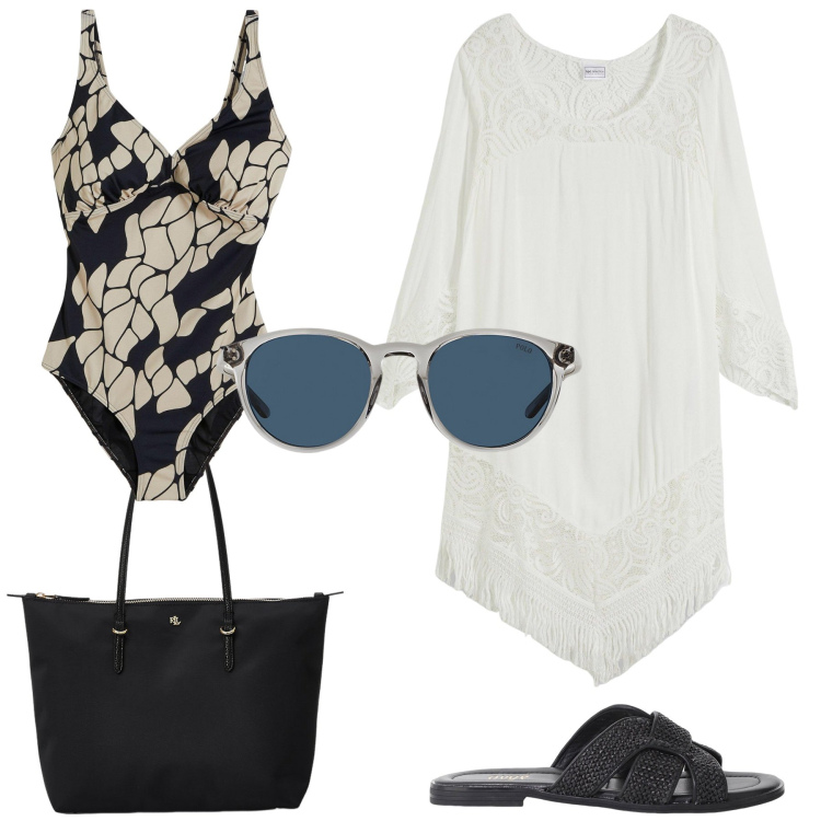 Outfit donna - In costume. Stile Casual per Mare. Abbinamento con vestiti da spiaggia, costumi interi, sandali, occhiali da sole, borse tote.