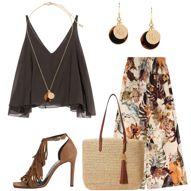 Outfit donna - Total look #2200355. Stile Etnico per Tutti i giorni. Abbinamento con pantaloni a palazzo, décolleté, top, orecchini, collane, borse tote.