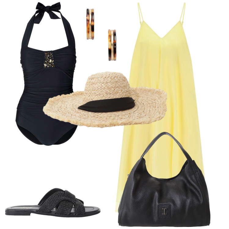 Outfit donna - Costume nero con carattere. Stile Casual chic per Mare. Abbinamento con costumi interi, vestiti midi/longuette, pochette, cappelli, sandali, orecchini.