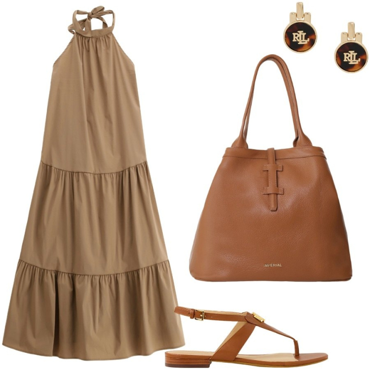 Outfit donna - Fresco vestito per mattine calde. Stile Casual per Tutti i giorni. Abbinamento con vestiti midi/longuette, borse tote, orecchini, sandali.