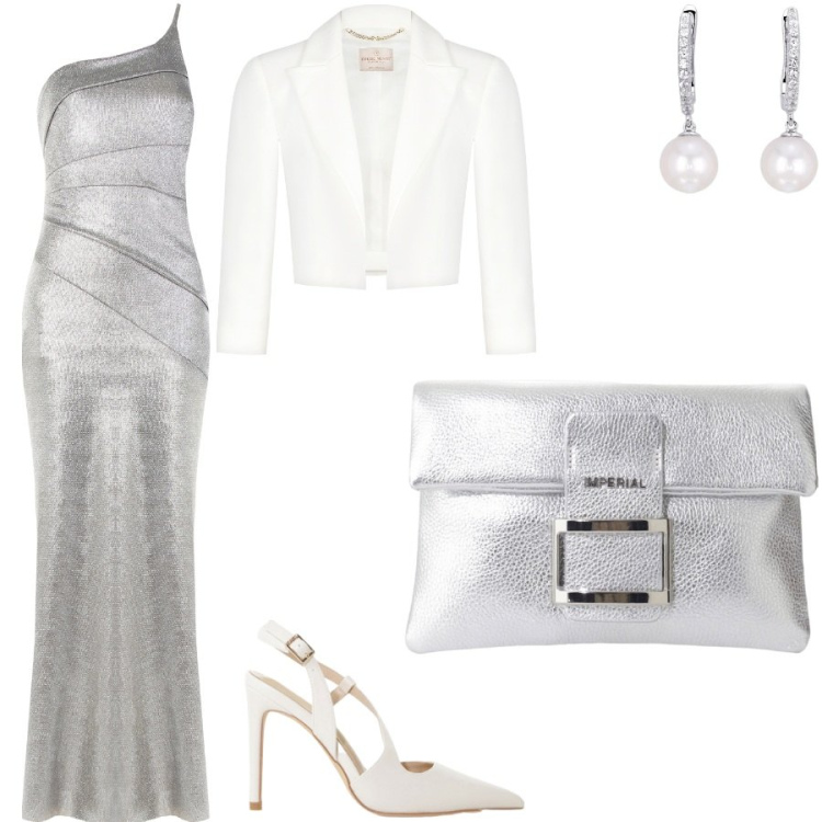 Outfit donna - Nozze d\'argento. Stile Glamour per Cerimonia. Abbinamento con pochette, décolleté, orecchini, vestiti lunghi, bolero.