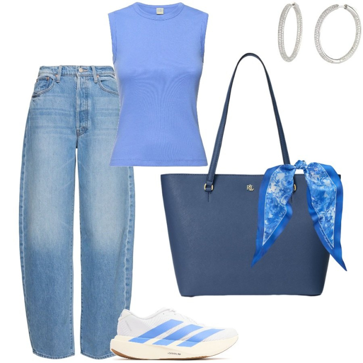 Outfit donna - Balloon jeans. Stile Casual per Tutti i giorni. Abbinamento con orecchini, borse tote, foulard, canottiere, jeans, sneakers.