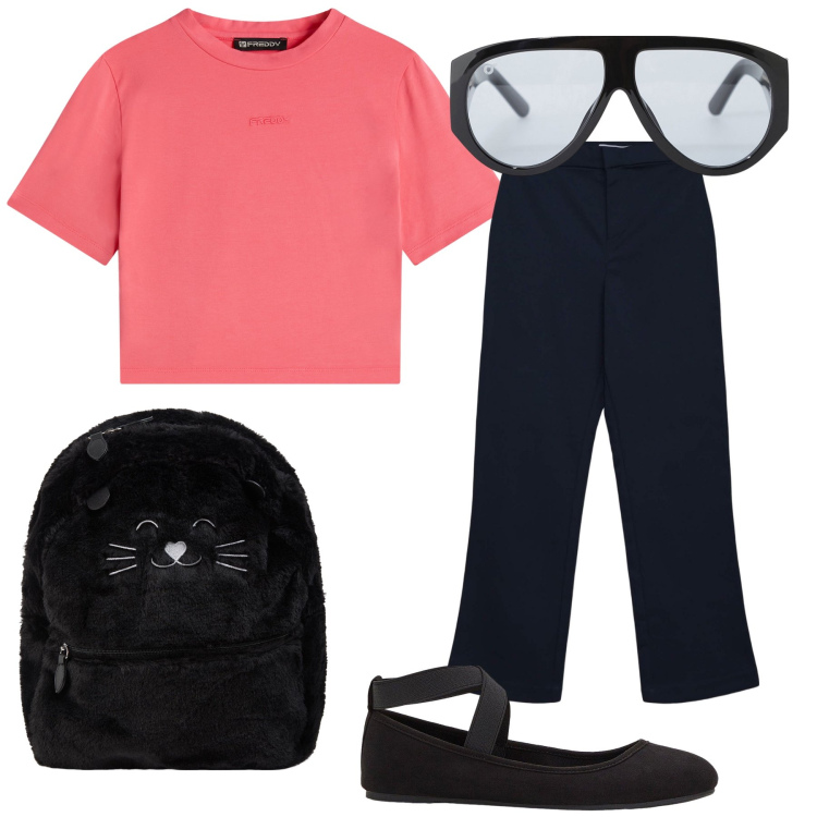 Outfit donna - My cat and me. Stile Casual per Tutti i giorni. Abbinamento con ballerine, pantaloni, zaini, occhiali da sole, t-shirt.