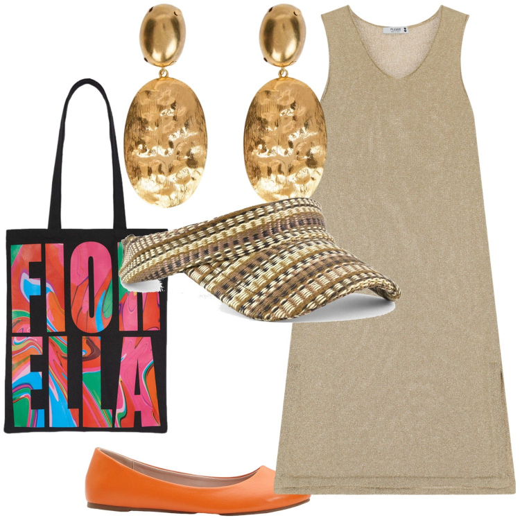 Outfit donna - La città più fresca. Stile Urban per Tutti i giorni. Abbinamento con ballerine, vestiti midi/longuette, cappelli con visiera, borse tote, orecchini.