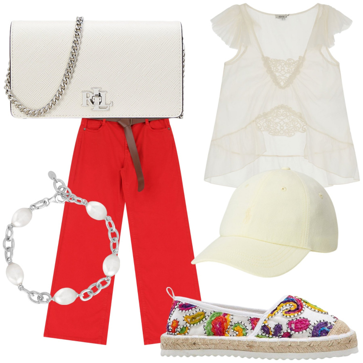 Outfit donna - Una amica mi aspetta. Stile Trendy per Tutti i giorni. Abbinamento con espadrillas, braccialetti, pantaloni, top, borse a tracolla, cappelli.